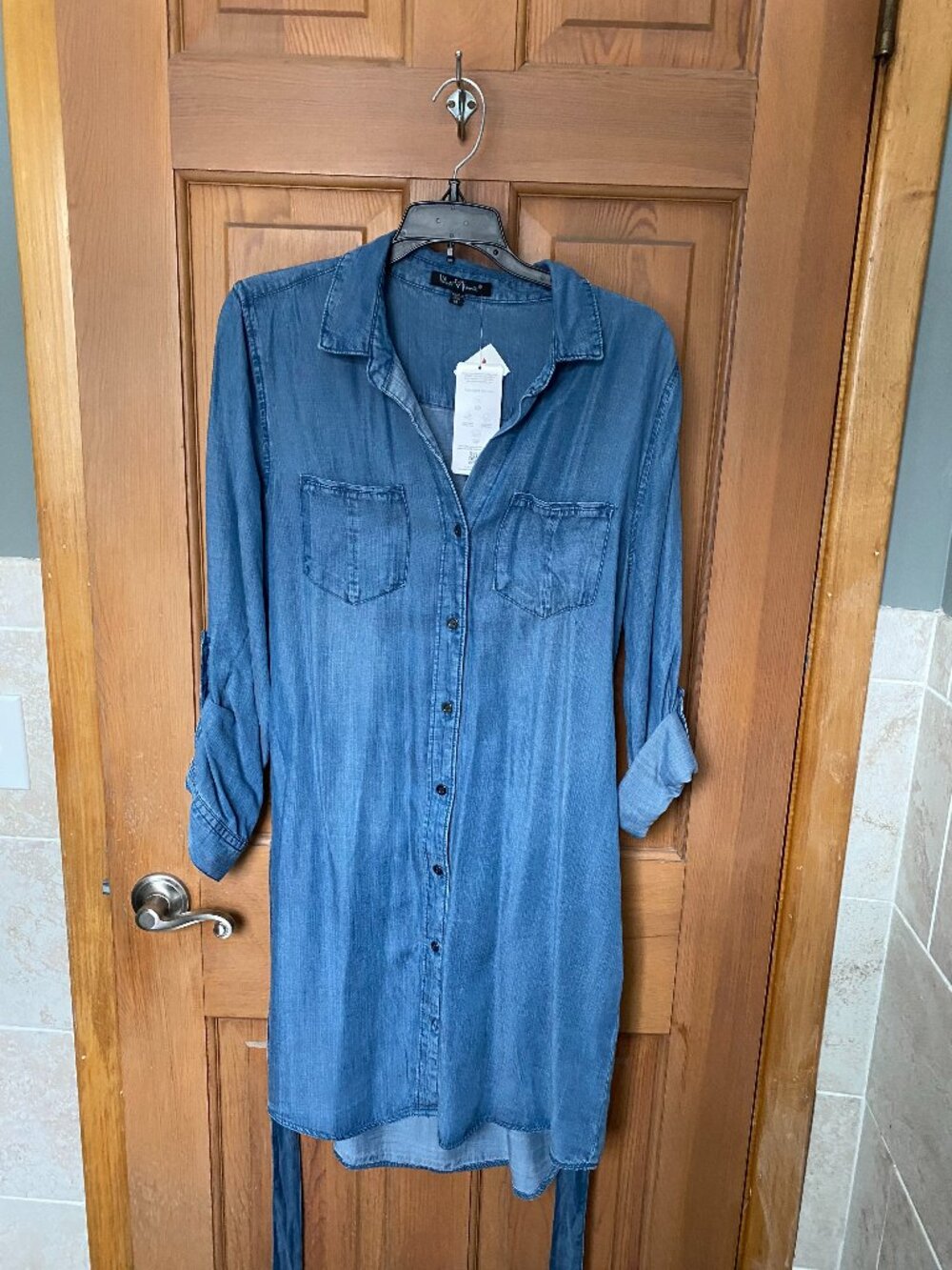 NEW Velvet Heart Blue Tencel Collared Tunic Blouse M Button Belt Roll Tab Sleeve
